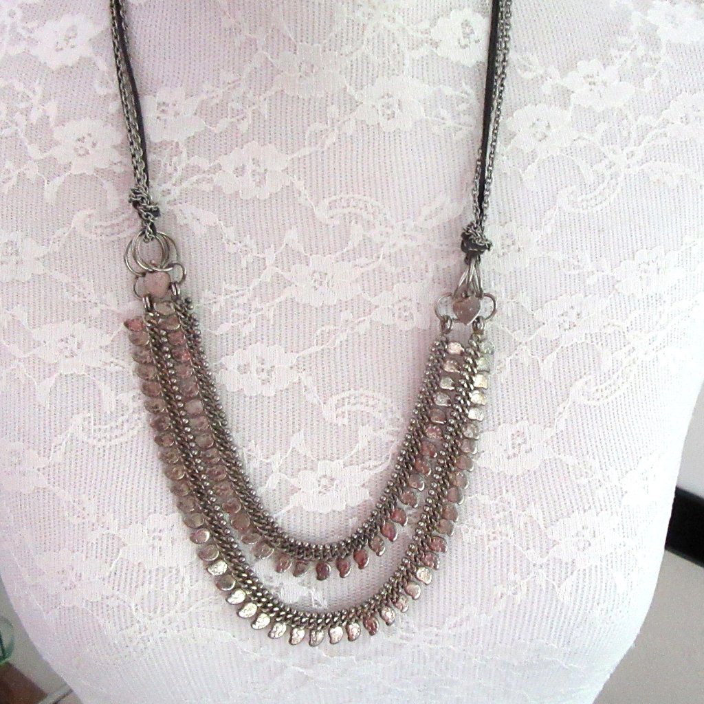Silver Tone Textured Fringed Chain Necklace